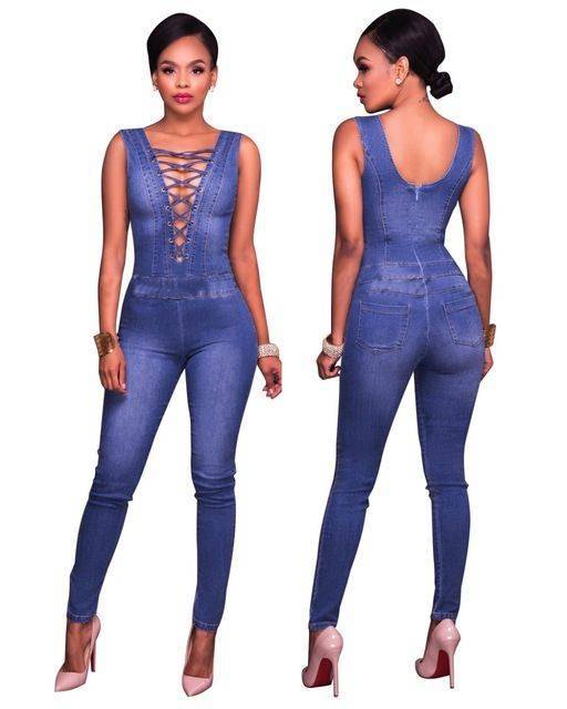 deep v denim jumpsuit